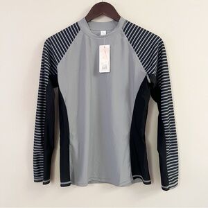 Attraco Black Gray Striped Long Sleeve Rashguard Top Size Medium NEW UPF 50+